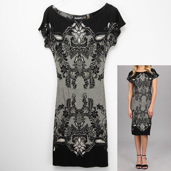 Desigual Dresses & Skirts - Desigual Knit Dress Midi Sheath Floral Cap Sleeve Black Grey Size Small